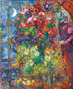 Chagall Les amoureux aux fleurs devant la fenêtre